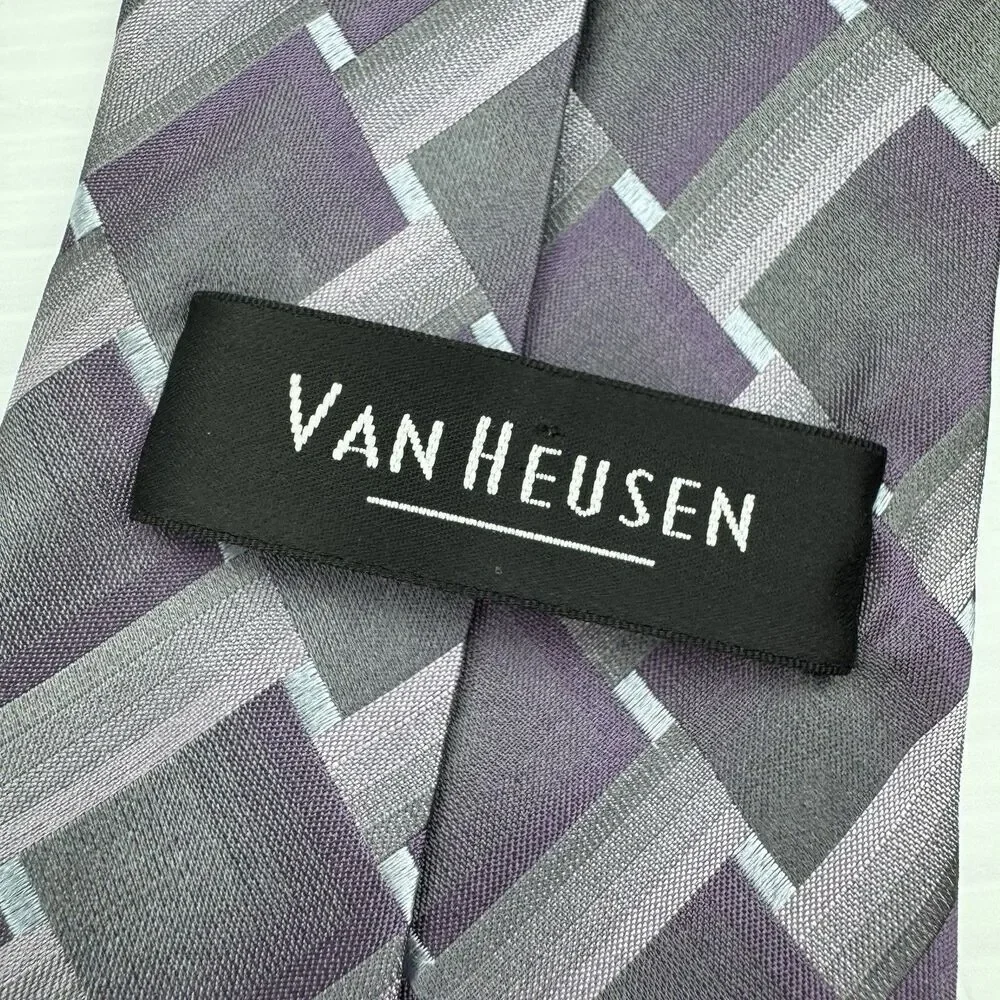 Van Heusen Tie Purple Gray Squares Pattern Mens Necktie 100% Silk